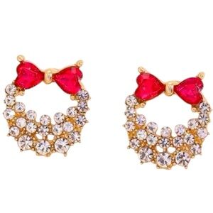 Christmas Holiday Bow Gold Tone Rhinestone Wreath Earrings